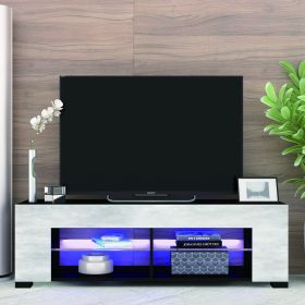 TV Stand for 32-60 Inch TVs Modern Low Profile Black+Stone Grey Entertainment Center with LED Lights 57 Inch Small TV Console Media Table with Glass S