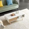 41.34" Rattan Coffee table, sliding door for storage, solid wood legs, Modern table for living room ,White